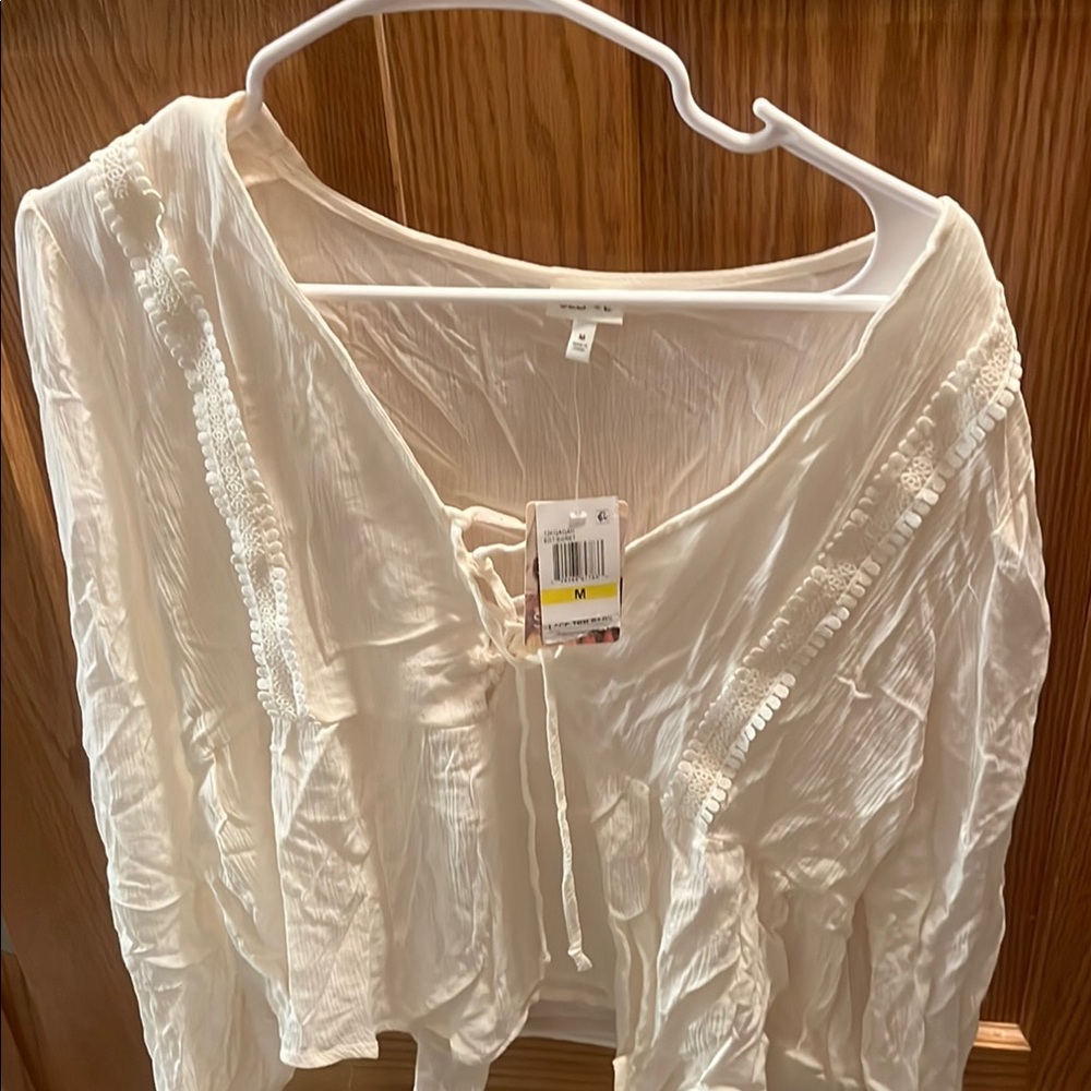 Selfie Leslie Cream Ruched Tie Front Long Sleeve Blouse